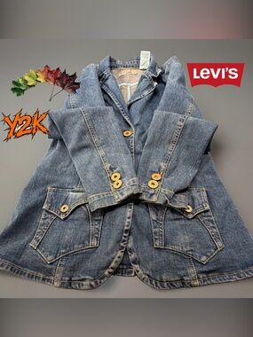 Levi Strauss Denim Blazer Womens S Blue Jean Jacket Stretch 3 Button Fitted Y2K